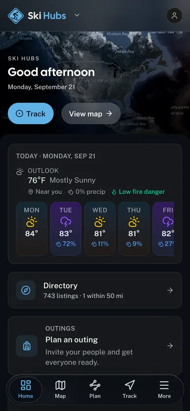 The Ski Hubs app dashboard