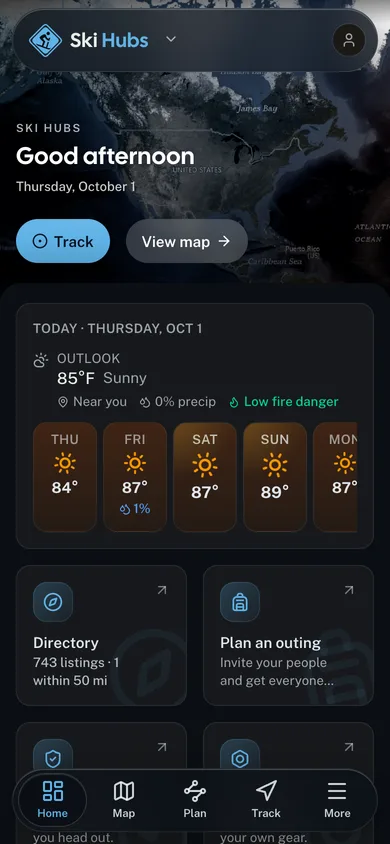 The Ski Hubs app dashboard