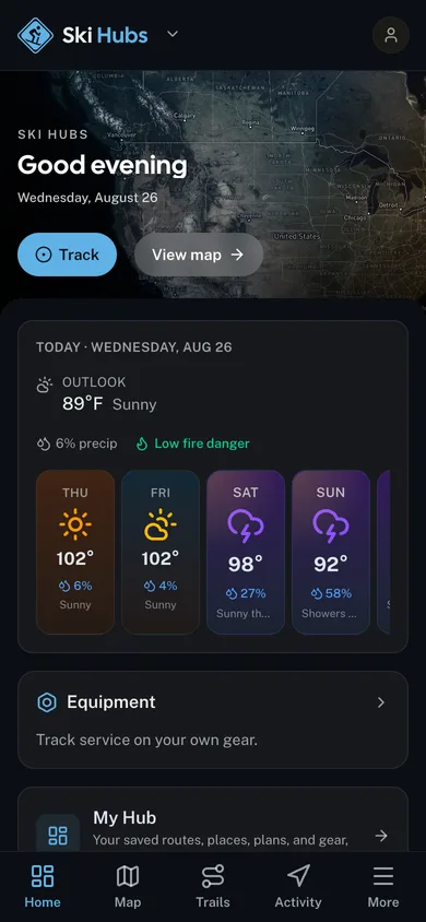 The Ski Hubs app dashboard