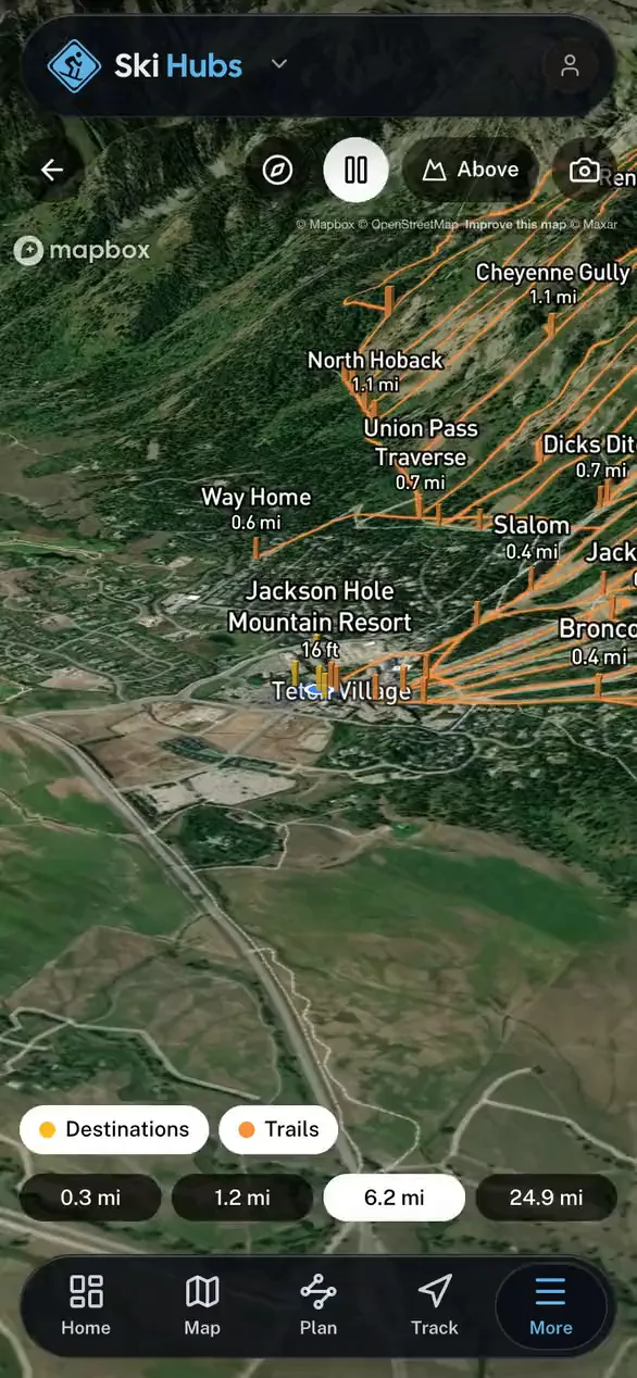 Nearby places standing on the real terrain in 3D in the Ski Hubs app