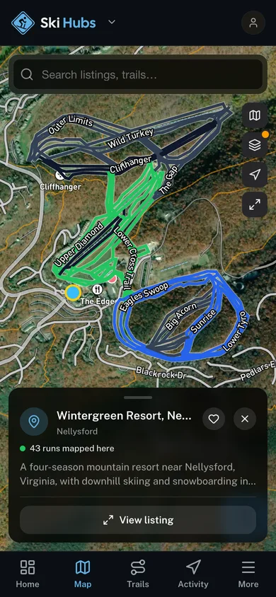 Nearby places mapped in the Ski Hubs app