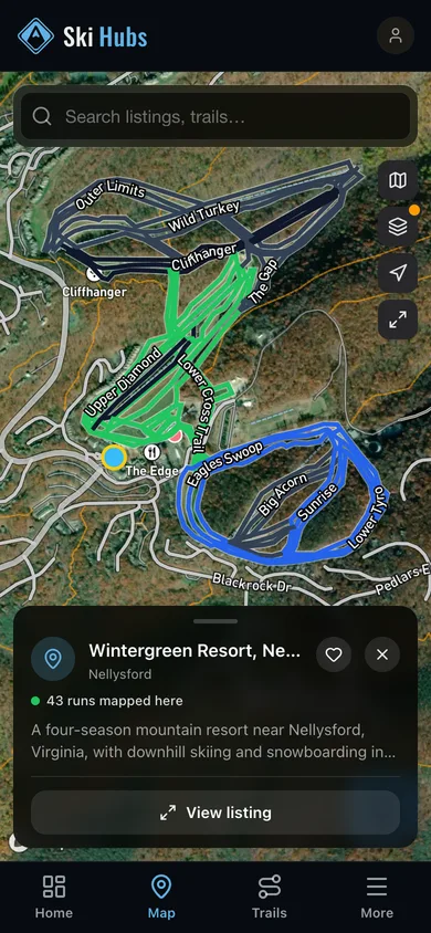 Nearby places mapped in the Ski Hubs app