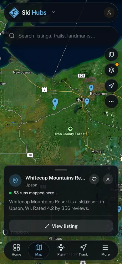 Nearby places mapped in the Ski Hubs app