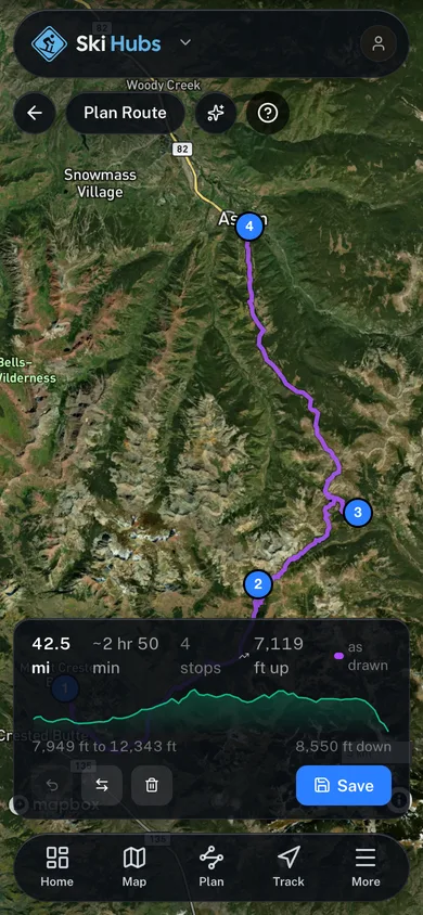 A planned route with its distance, stops and elevation profile in the Ski Hubs app