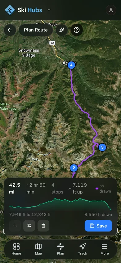 A planned route with its distance, stops and elevation profile in the Ski Hubs app