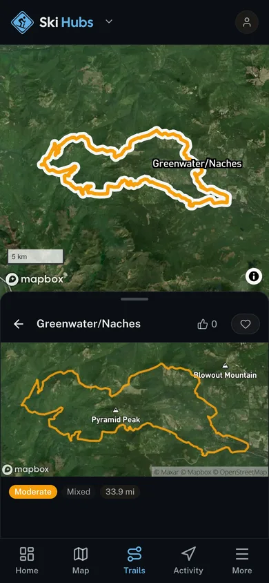 A named trail traced over satellite imagery in the Ski Hubs app