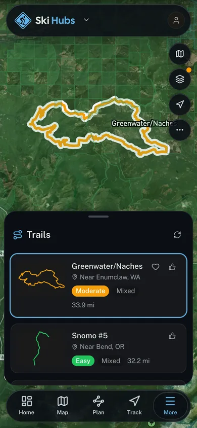 A named trail traced over satellite imagery in the Ski Hubs app