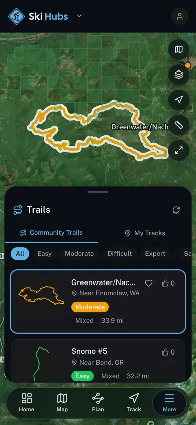 A named trail traced over satellite imagery in the Ski Hubs app