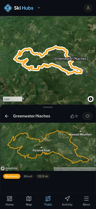 A named trail traced over satellite imagery in the Ski Hubs app
