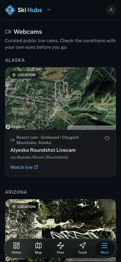 Live public webcams grouped by state in the Ski Hubs app