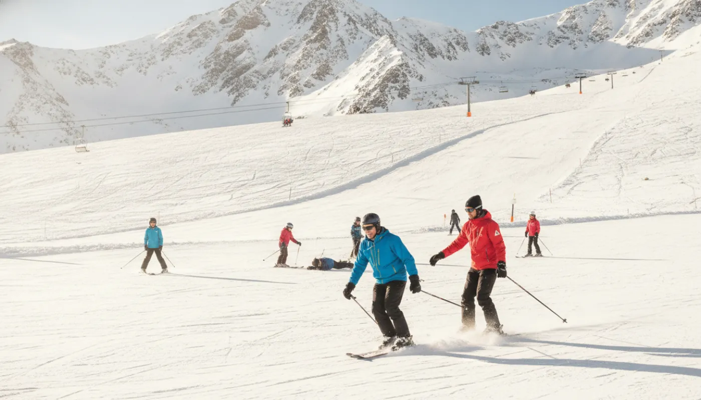 An adult beginner and a ski instructor side by side at the base of a gentle bunny slope, the learner easing through a wide snowplow wedge and grinning, other first-timers scattered across the low-angle run under bright winter sun