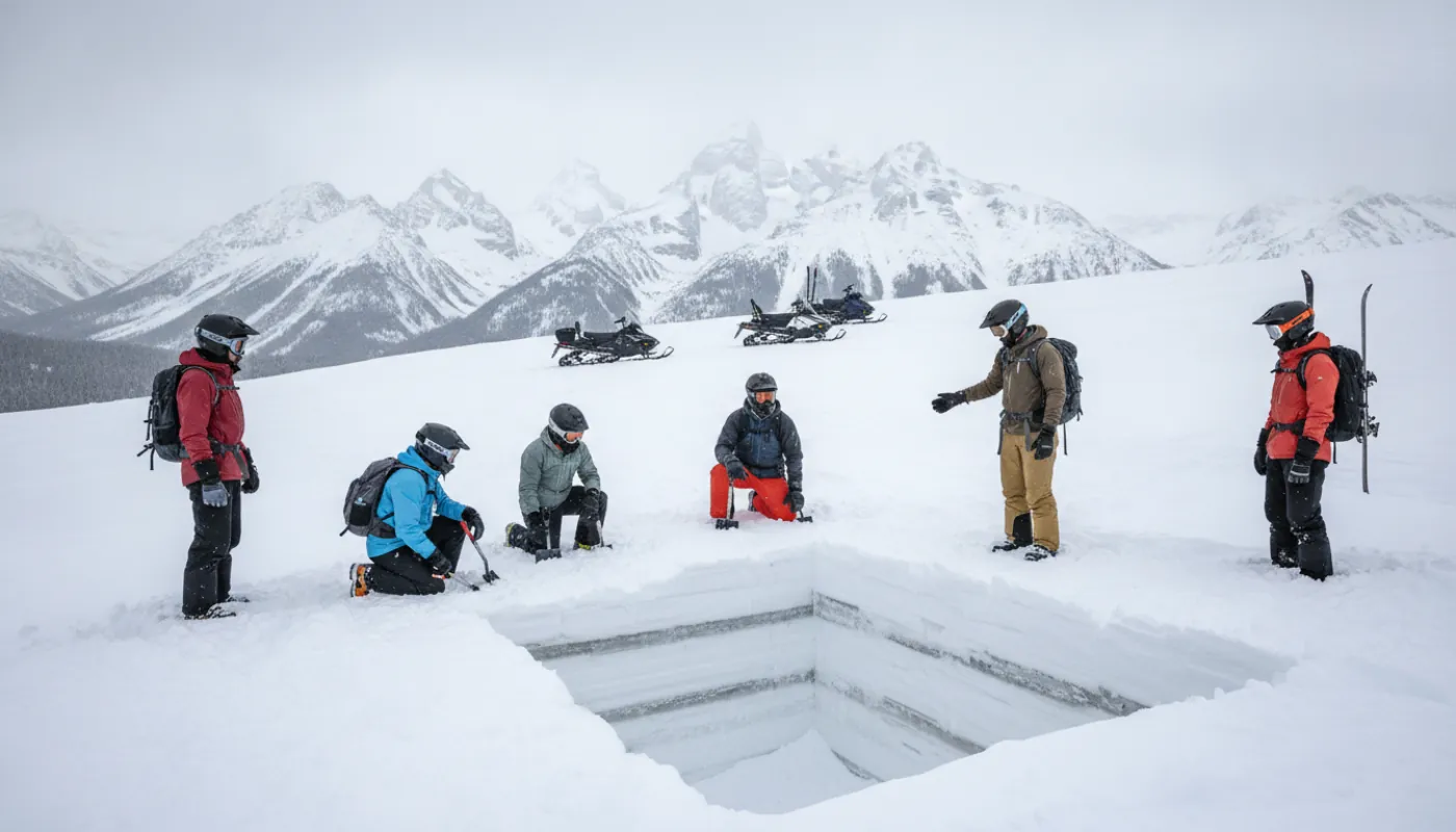 An avalanche course group gathered around a snow pit on a backcountry slope, students kneeling to study the dug snow-profile wall with probe and shovel while an instructor points to the layers, flat overcast light across the mountainside