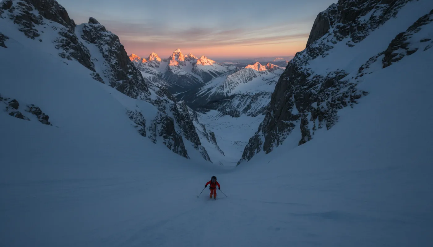 An advanced skier dropping into a steep, north-facing couloir at first light, wind-scoured rock walls narrowing the chute, cold blue shadow across chalky wind-packed snow