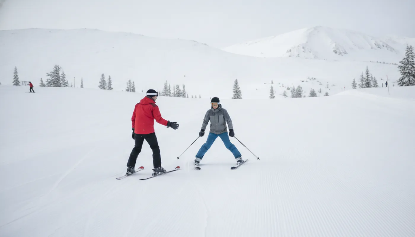A first-time adult skier holding a wide snowplow wedge on a gentle, near-empty beginner slope, an instructor in a red jacket skiing slowly backward alongside, soft overcast light on fresh groomed corduroy