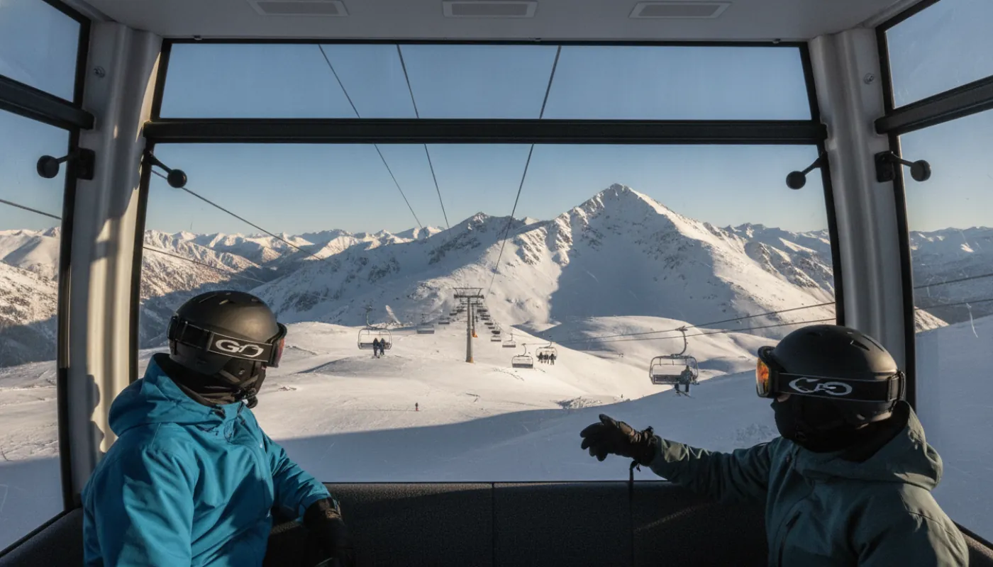 Two skiers riding a modern enclosed gondola up a large western resort, big snow-covered peaks and a sprawling lift-served mountain framed through the cabin window under a clear blue sky