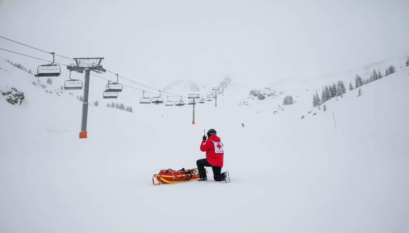 A ski patroller in a red jacket with a white cross kneeling beside a rescue toboggan on a groomed run, radio in hand, chairlift towers receding into flat overcast winter light