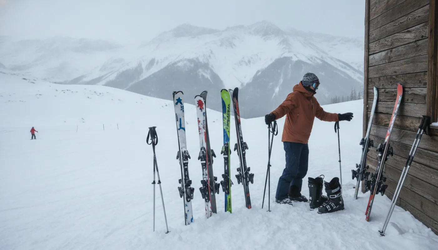 A row of beginner all-mountain skis standing upright in a snowbank outside a rental shop, a skier reaching for a pair, ski boots and poles leaned against the wall in soft winter daylight