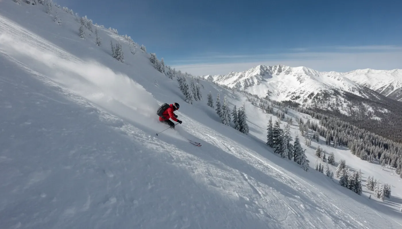 A skier carving hard down a steep black-diamond run, high edge angle throwing a bright fan of snow, a mogul field and pines dropping away below under deep blue sky