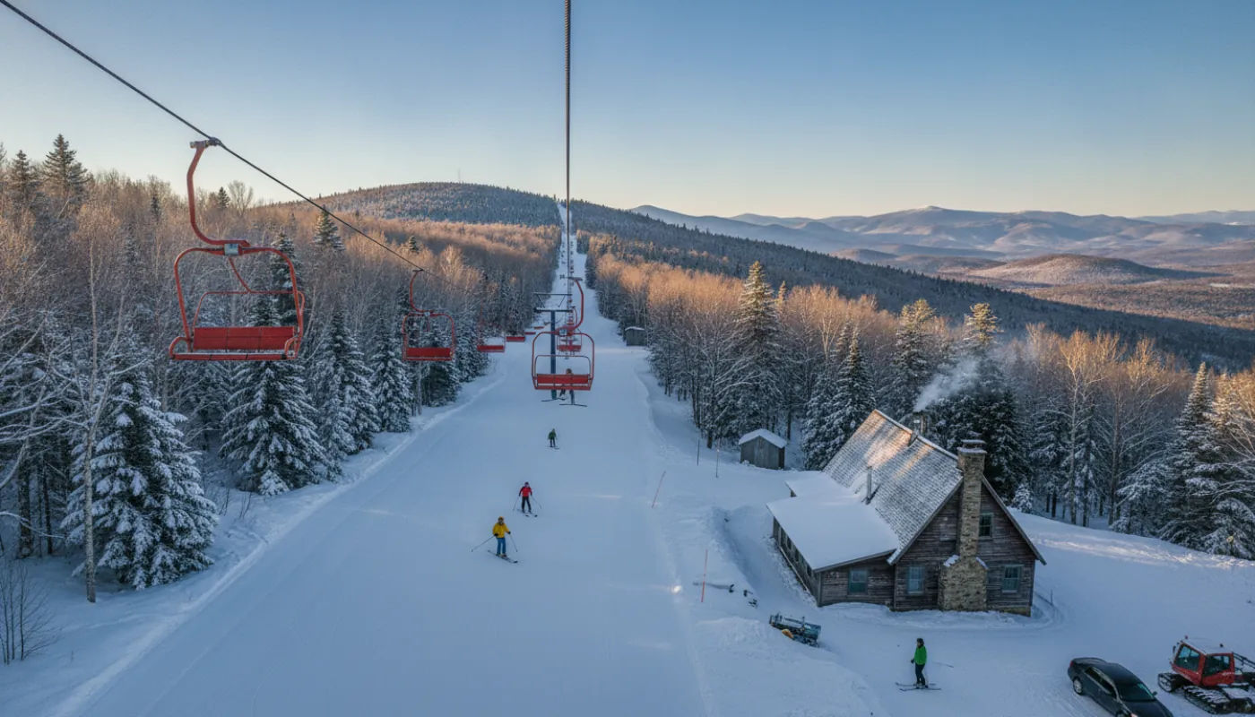 A small independent ski area on a bluebird day, a fixed-grip double chairlift climbing a modest tree-lined mountain, a handful of skiers spread across an uncrowded groomed run, a weathered base lodge below
