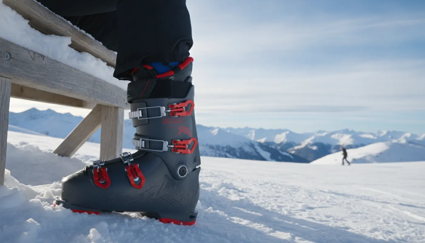 A close-up of a stiff alpine ski boot buckled onto a skier's lower leg, buckle ladders and cuff visible on the shell as the skier flexes forward against it, a boot-fitting bench softly out of focus behind