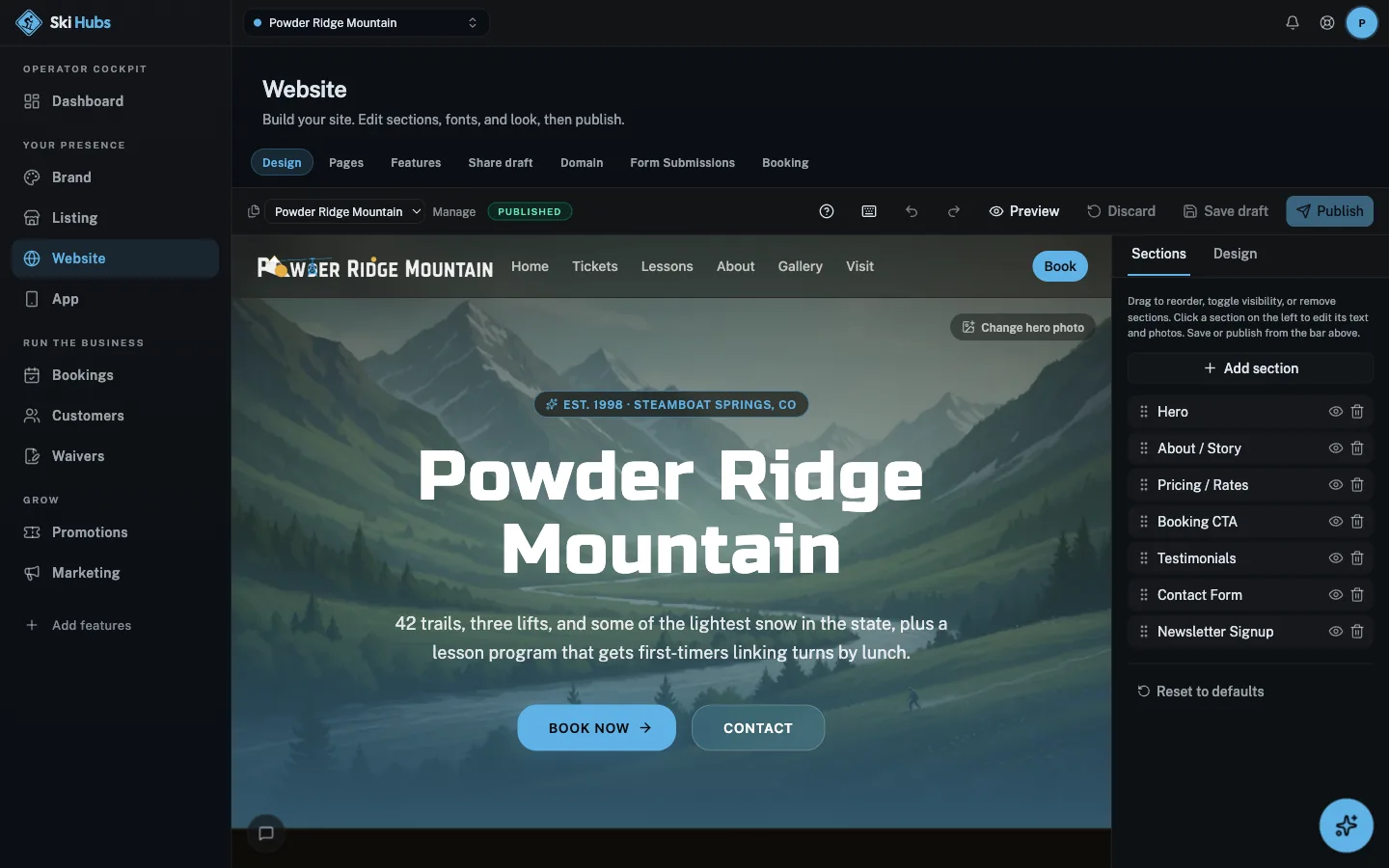 Ski Hubs cockpit: Website builder